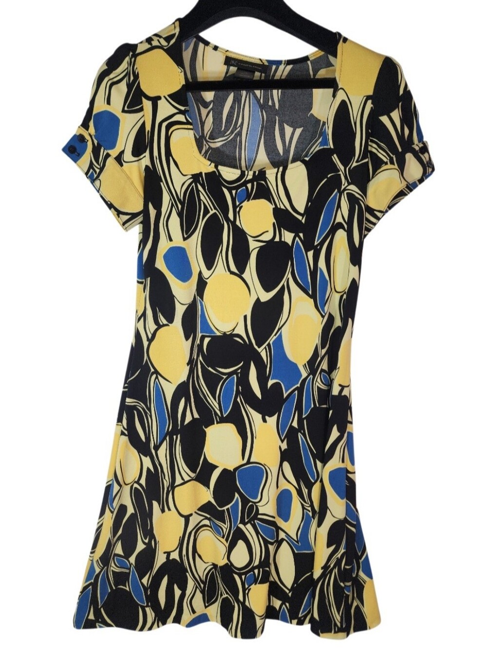 INC International Concepts Yellow Blue Black Printed Scoop Neck Dress. M